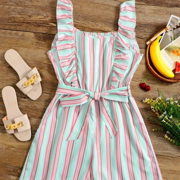 Pants - Women's Romper XL Baby Pink-Mint Green Stripes Ruffle Trim Romper w/ Belt 12-14